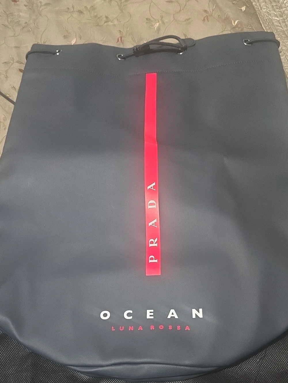 New Prada Navy Drawstring Ocean Luna Rossa Bag with Red Stripe